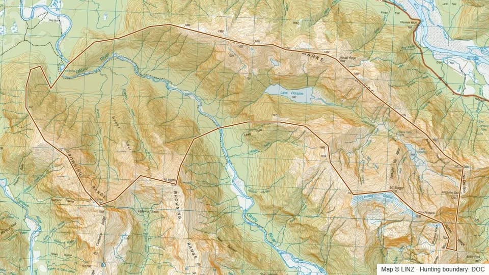 Topographic map of 45A - Lower Okuru in West Coast, New Zealand, with the DOC hunting boundary outlined.