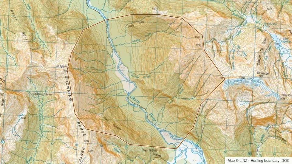 Topographic map of 45B - Middle Creek, Okuru in West Coast, New Zealand, with the DOC hunting boundary outlined.