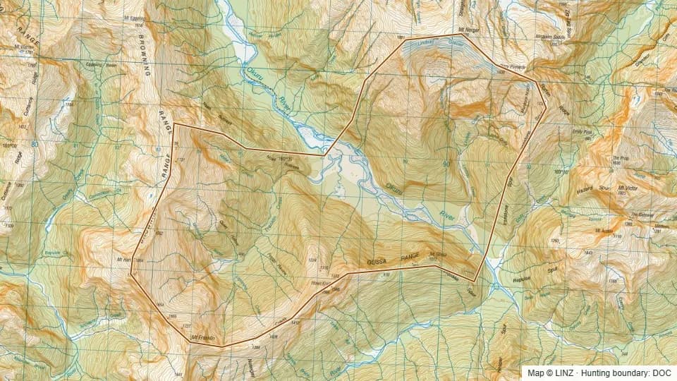 Topographic map of 46 - Upper Okuru in West Coast, New Zealand, with the DOC hunting boundary outlined.
