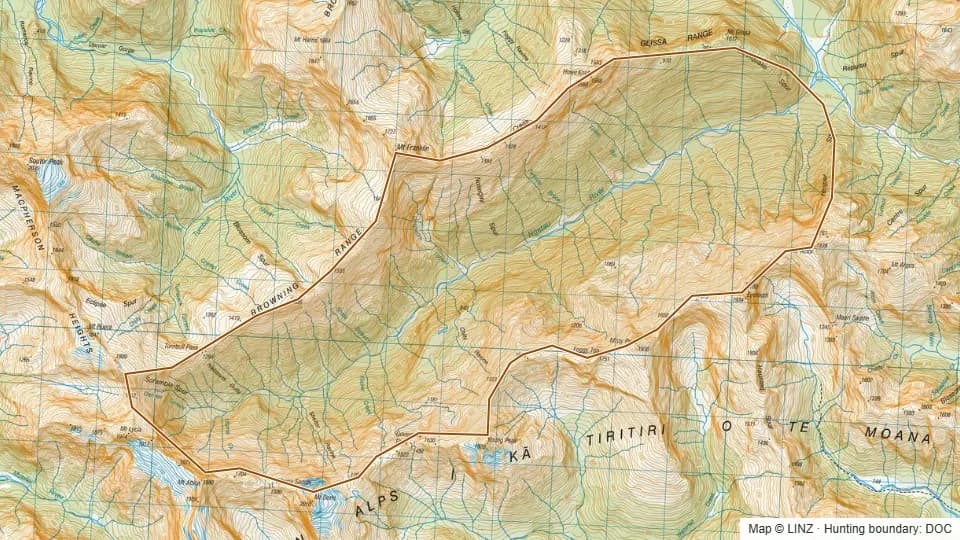 Topographic map of 47 - Ngatau River in West Coast, New Zealand, with the DOC hunting boundary outlined.