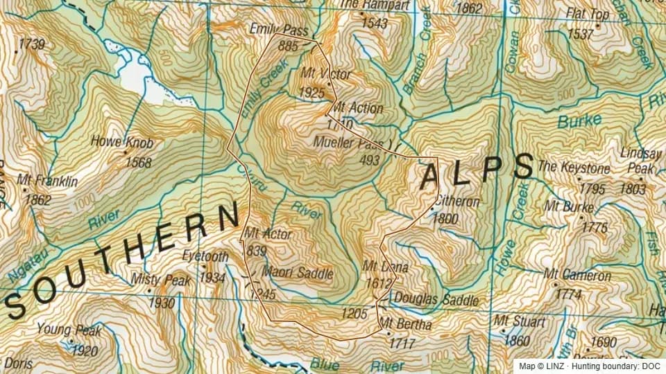 Topographic map of 48 - Okuru (Head) in West Coast, New Zealand, with the DOC hunting boundary outlined.