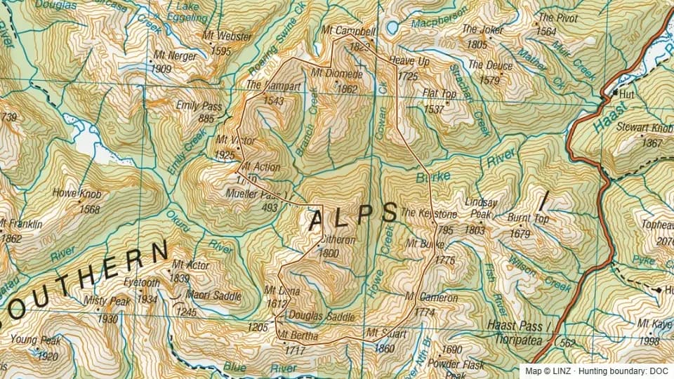 Topographic map of 49 - Upper Burke in West Coast, New Zealand, with the DOC hunting boundary outlined.