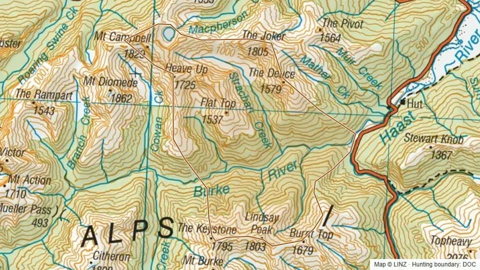 Topographic map of 50 - Lower Burke in West Coast, New Zealand, with the DOC hunting boundary outlined.
