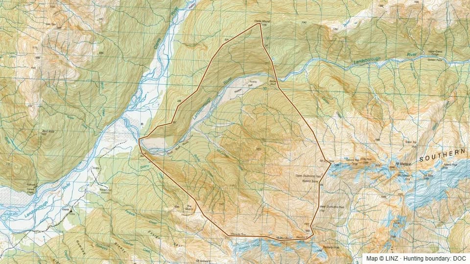 Topographic map of 52 - McLennan Creek, Landsborough in West Coast, New Zealand, with the DOC hunting boundary outlined.