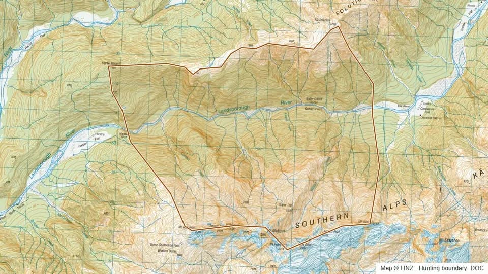 Topographic map of 53 - Upper Gates Gorge, Landsborough in West Coast, New Zealand, with the DOC hunting boundary outlined.