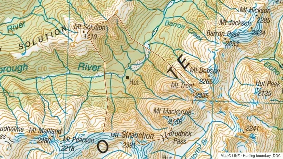 Topographic map of 54 - Creswicke Flat, Landsborough in West Coast, New Zealand, with the DOC hunting boundary outlined.