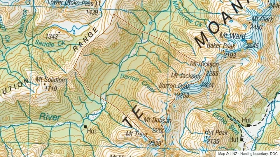 Topographic map of 55 - Toetoe Flat, Landsborough in West Coast, New Zealand, with the DOC hunting boundary outlined.