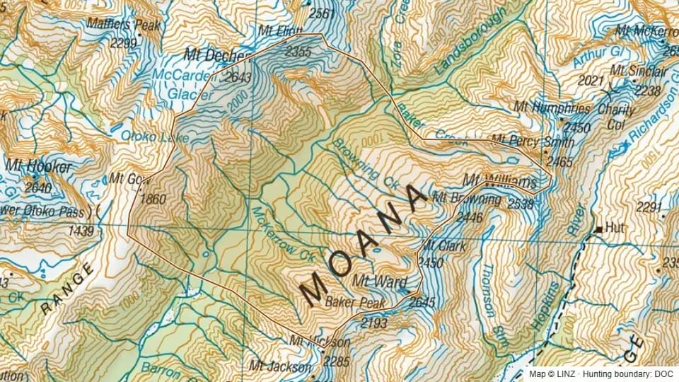Topographic map of 56 - McKerrow Creek, Landsborough in West Coast, New Zealand, with the DOC hunting boundary outlined.