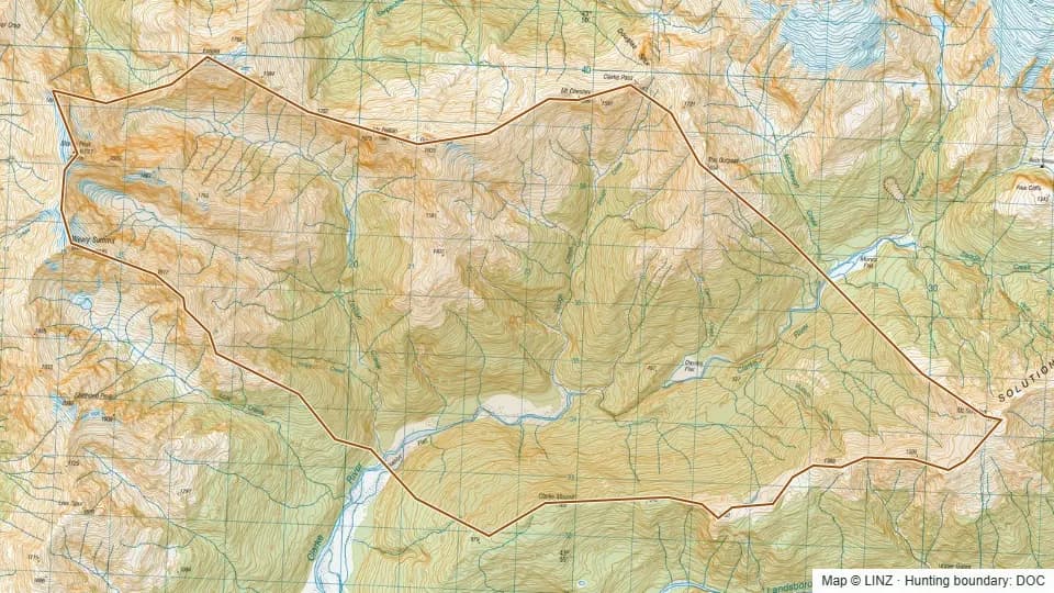 Topographic map of 59 - Middle Clarke River in West Coast, New Zealand, with the DOC hunting boundary outlined.