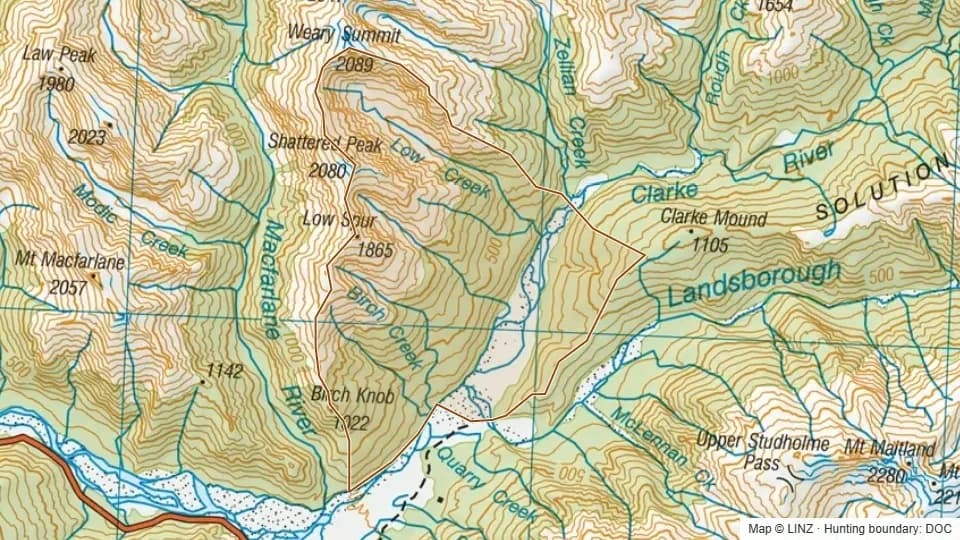 Topographic map of 60 - Lower Clarke River in West Coast, New Zealand, with the DOC hunting boundary outlined.