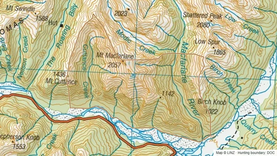 Topographic map of 61 - Lower McFarlane in West Coast, New Zealand, with the DOC hunting boundary outlined.
