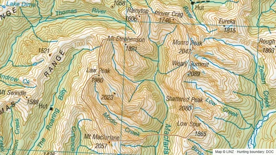 Topographic map of 62 - Upper McFarlane in West Coast, New Zealand, with the DOC hunting boundary outlined.