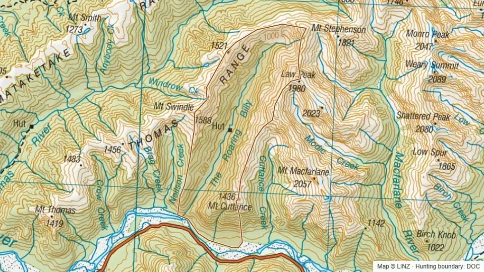 Topographic map of 63 - Roaring Billy in West Coast, New Zealand, with the DOC hunting boundary outlined.