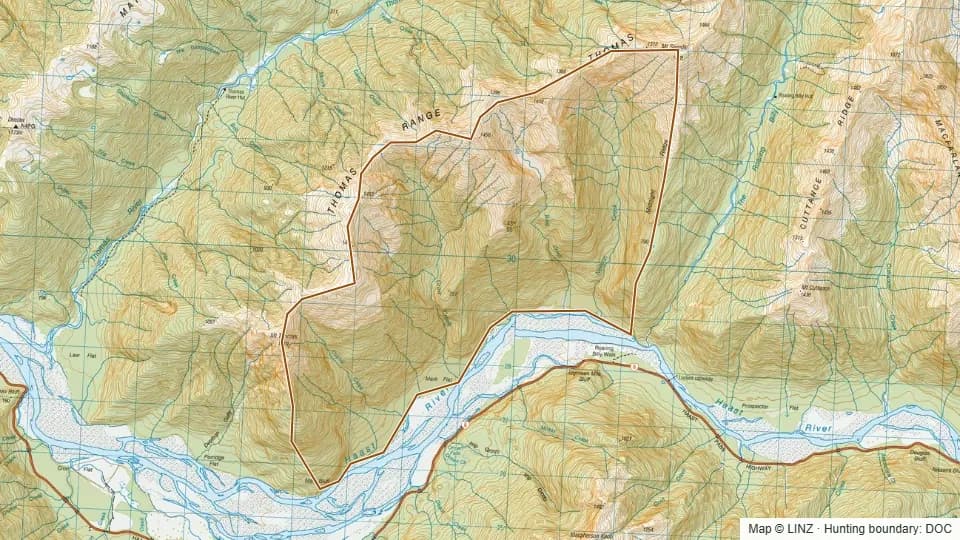 Topographic map of 64 - Crow Bag Creek in West Coast, New Zealand, with the DOC hunting boundary outlined.