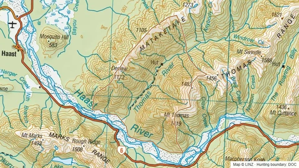 Topographic map of 65 - Lower Thomas River in West Coast, New Zealand, with the DOC hunting boundary outlined.
