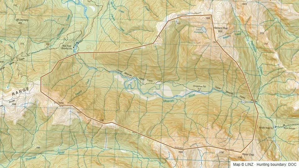 Topographic map of 68 - Lower Moeraki (Blue River) in West Coast, New Zealand, with the DOC hunting boundary outlined.