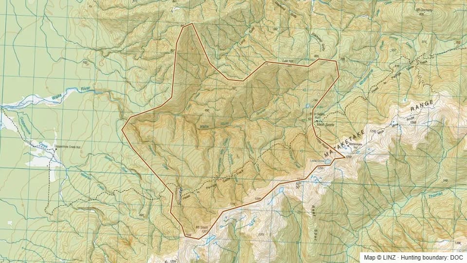 Topographic map of 71 - Waita in West Coast, New Zealand, with the DOC hunting boundary outlined.