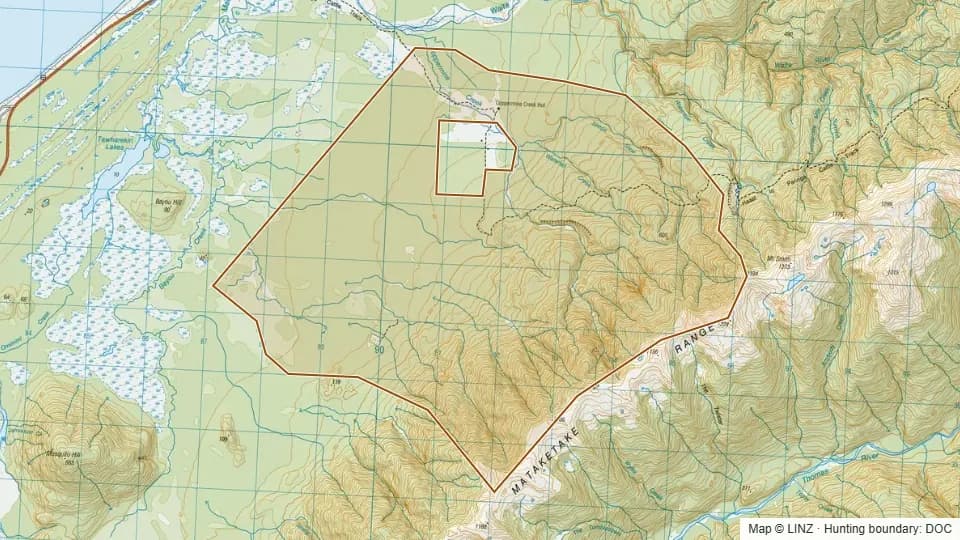 Topographic map of 72 - Coppermine Creek in West Coast, New Zealand, with the DOC hunting boundary outlined.