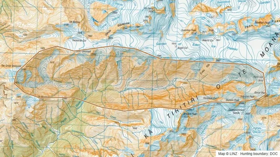 Topographic map of Able Lake in West Coast, New Zealand, with the DOC hunting boundary outlined.