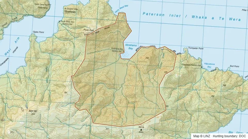 Topographic map of Abrahams Bay in Southland, New Zealand, with the DOC hunting boundary outlined.