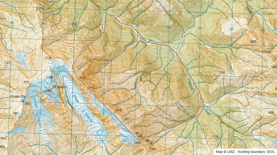 Topographic map of Adam Range in West Coast, New Zealand, with the DOC hunting boundary outlined.