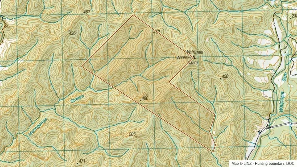 Topographic map of Adams Conservation Area in Manawatu-Wanganui, New Zealand, with the DOC hunting boundary outlined.