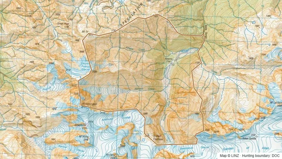 Topographic map of Adams Flat in West Coast, New Zealand, with the DOC hunting boundary outlined.