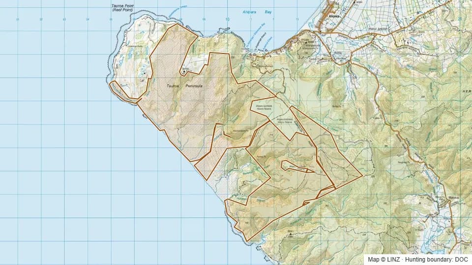 Topographic map of Ahipara Conservation Area in Northland, New Zealand, with the DOC hunting boundary outlined.