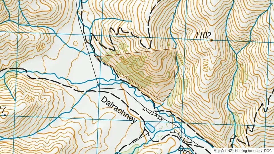 Topographic map of Ahuriri Conservation Area in Canterbury, New Zealand, with the DOC hunting boundary outlined.