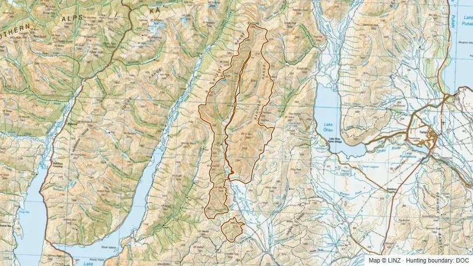 Topographic map of Ahuriri in Canterbury, New Zealand, with the DOC hunting boundary outlined.