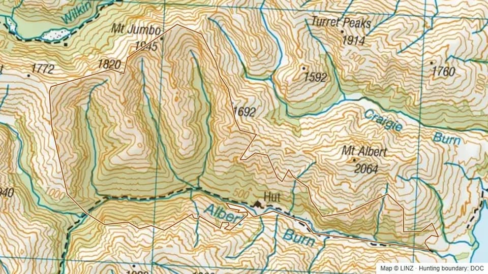 Topographic map of Albert Burn in Otago, New Zealand, with the DOC hunting boundary outlined.