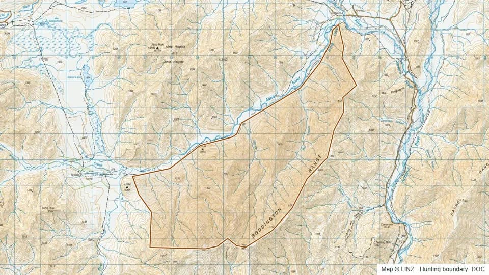 Topographic map of Alma in Marlborough, New Zealand, with the DOC hunting boundary outlined.