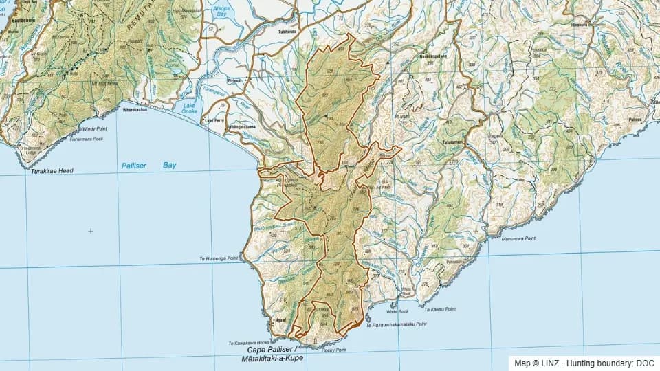 Topographic map of Aorangi Forest Park in Wellington, New Zealand, with the DOC hunting boundary outlined.