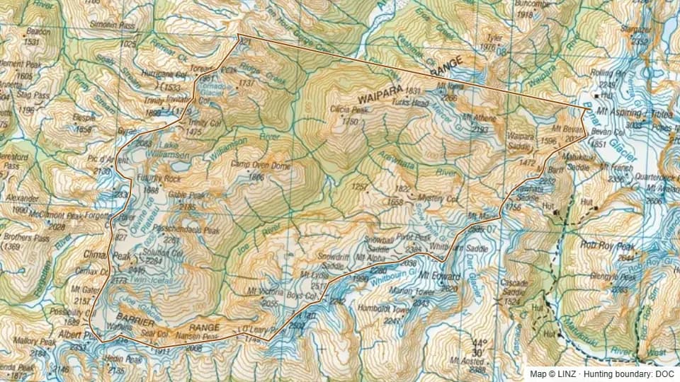 Topographic map of Arawhata in West Coast, New Zealand, with the DOC hunting boundary outlined.