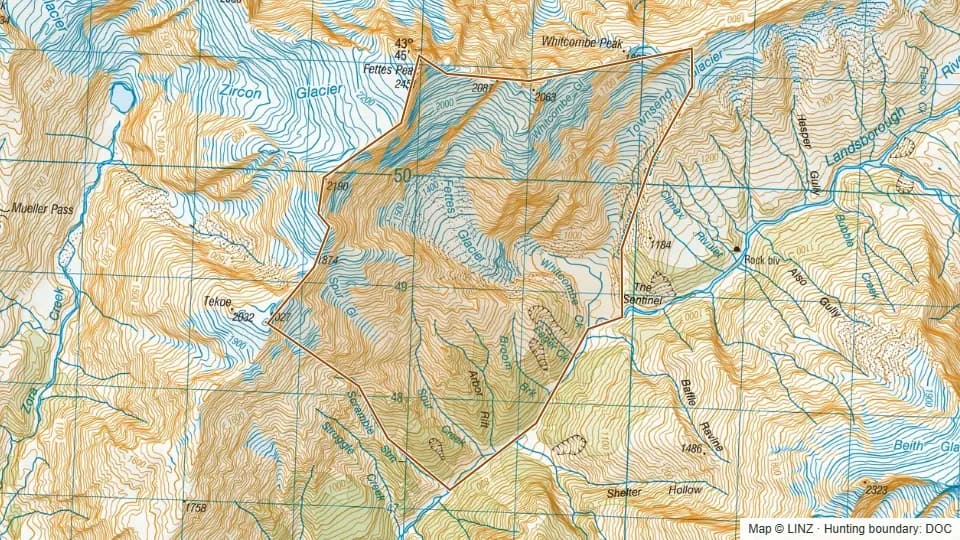 Topographic map of Arbor Rift in West Coast, New Zealand, with the DOC hunting boundary outlined.