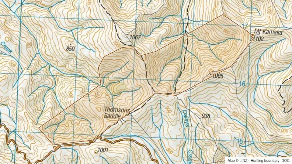 Topographic map of Argour in Otago, New Zealand, with the DOC hunting boundary outlined.