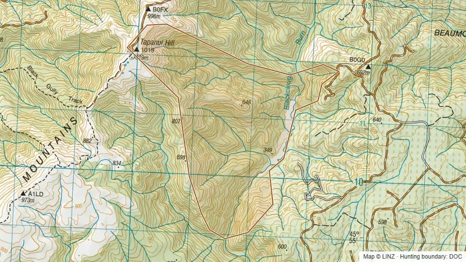 Topographic map of Armstrong - Blue Mountains in Otago, New Zealand, with the DOC hunting boundary outlined.