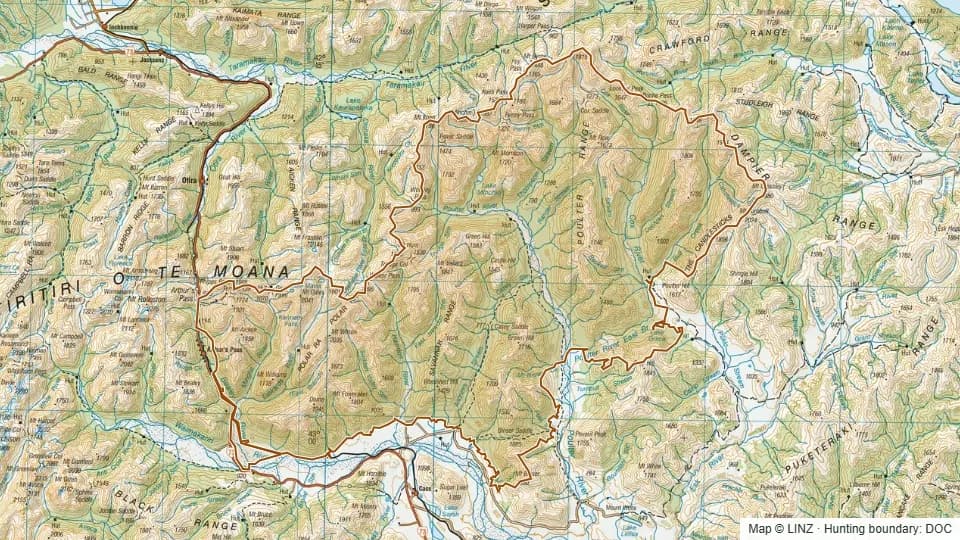 Topographic map of Arthur's Pass East in Canterbury, New Zealand, with the DOC hunting boundary outlined.