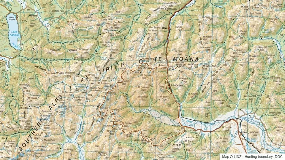 Topographic map of Arthur's Pass West in Canterbury, New Zealand, with the DOC hunting boundary outlined.