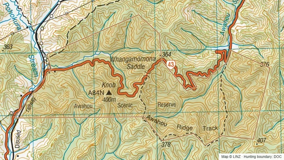 Topographic map of Awahou Scenic Reserve in Manawatu-Wanganui, New Zealand, with the DOC hunting boundary outlined.