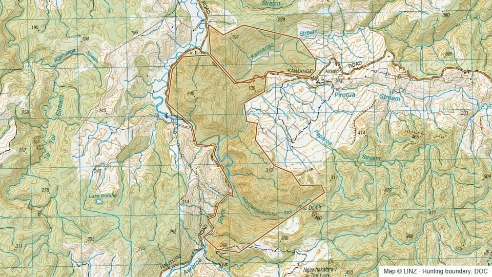Topographic map of Awaroa Scenic Reserve in Waikato, New Zealand, with the DOC hunting boundary outlined.