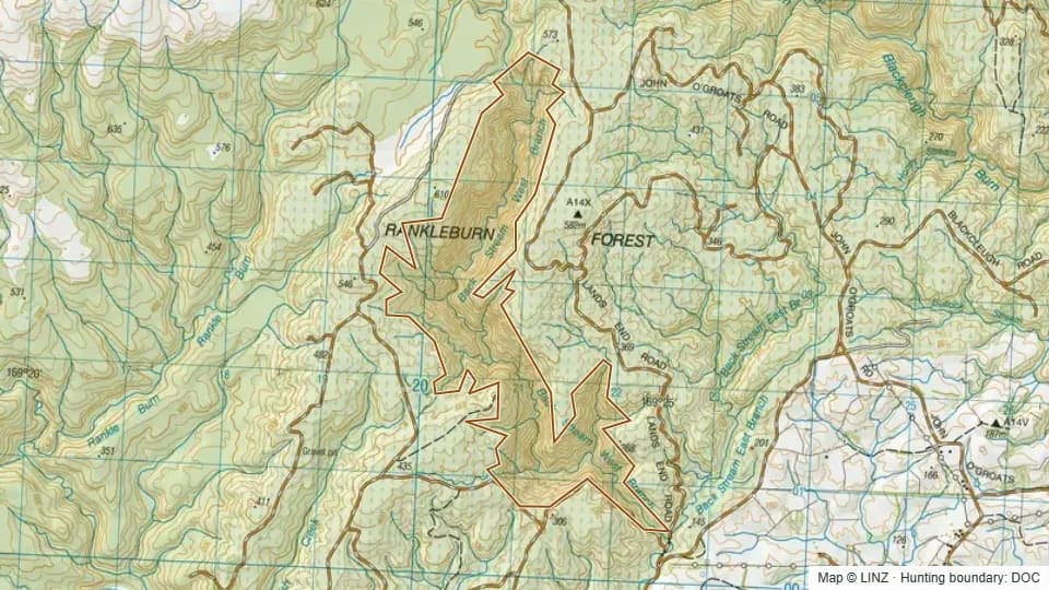 Topographic map of Back Stream - Blue Mountains in Otago, New Zealand, with the DOC hunting boundary outlined.