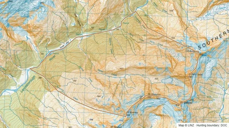 Topographic map of Baker Creek Lower in West Coast, New Zealand, with the DOC hunting boundary outlined.