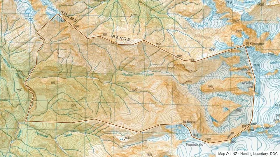 Topographic map of Barlow River in West Coast, New Zealand, with the DOC hunting boundary outlined.
