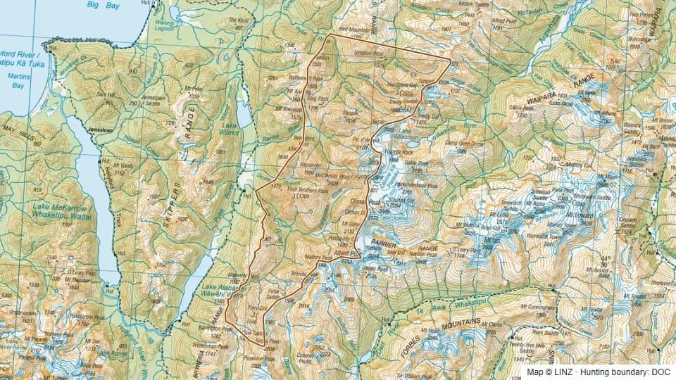 Topographic map of Barrier in Southland, New Zealand, with the DOC hunting boundary outlined.