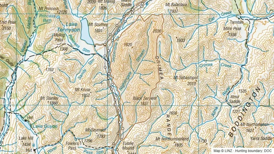 Topographic map of Beggs in Canterbury, New Zealand, with the DOC hunting boundary outlined.
