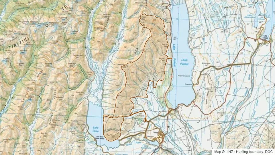 Topographic map of Ben Ohau in Canterbury, New Zealand, with the DOC hunting boundary outlined.