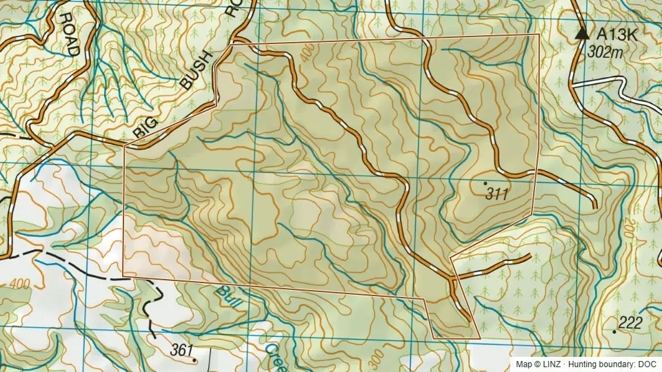 Topographic map of Big Bush in Otago, New Zealand, with the DOC hunting boundary outlined.