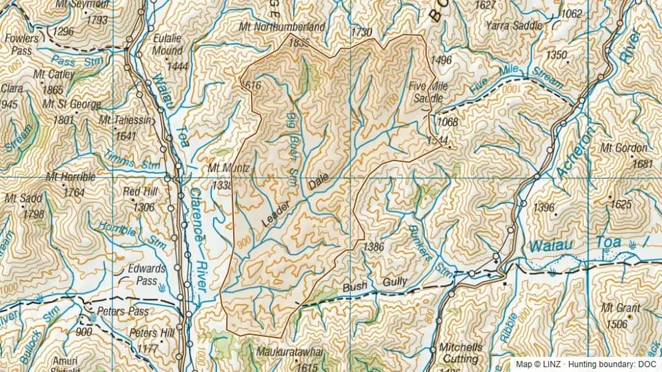 Topographic map of Big Bush in Canterbury, New Zealand, with the DOC hunting boundary outlined.