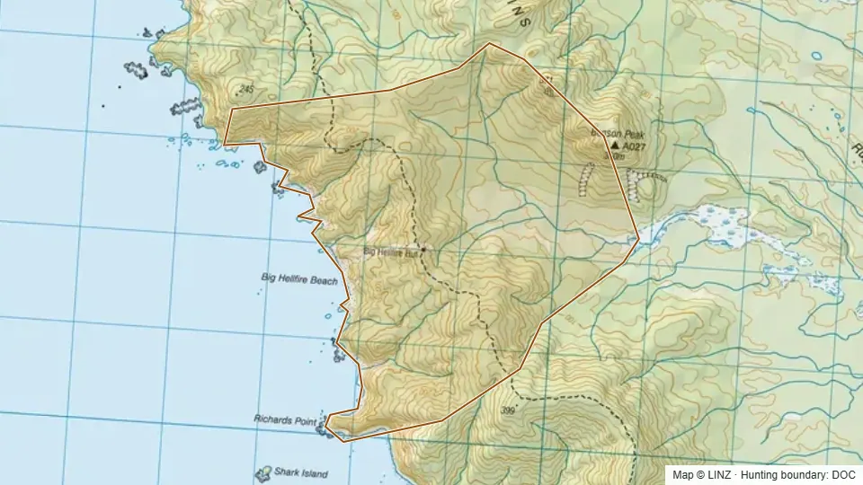 Topographic map of Big Hellfire in Southland, New Zealand, with the DOC hunting boundary outlined.